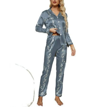 

2pcs Set Elegant Floral Print Lapel Neck PJ Pant Sets Long Sleeve Dusty Blue Women s Pajama Sets (Women s)