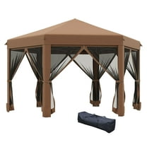 13x13 Pop Up Canopy, Hexagonal Brown Canopy with Mesh Walls - Adjustable Outdoor Camping Tent with Steel Frame & Stakes