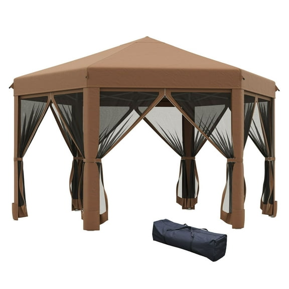 13x13 Pop Up Canopy, Hexagonal Brown Canopy with Mesh Walls - Adjustable Outdoor Camping Tent with Steel Frame & Stakes