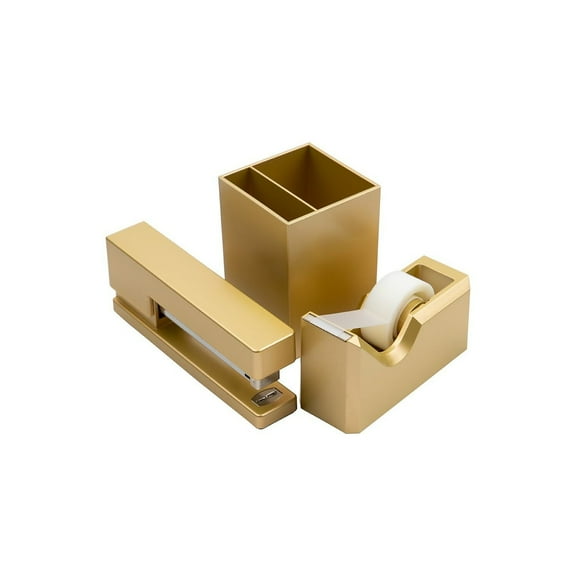 JAM PAPER Desk Trio Pack Gold Stapler Tape Dispenser & Pen Holder 3/Pack 337841GO
