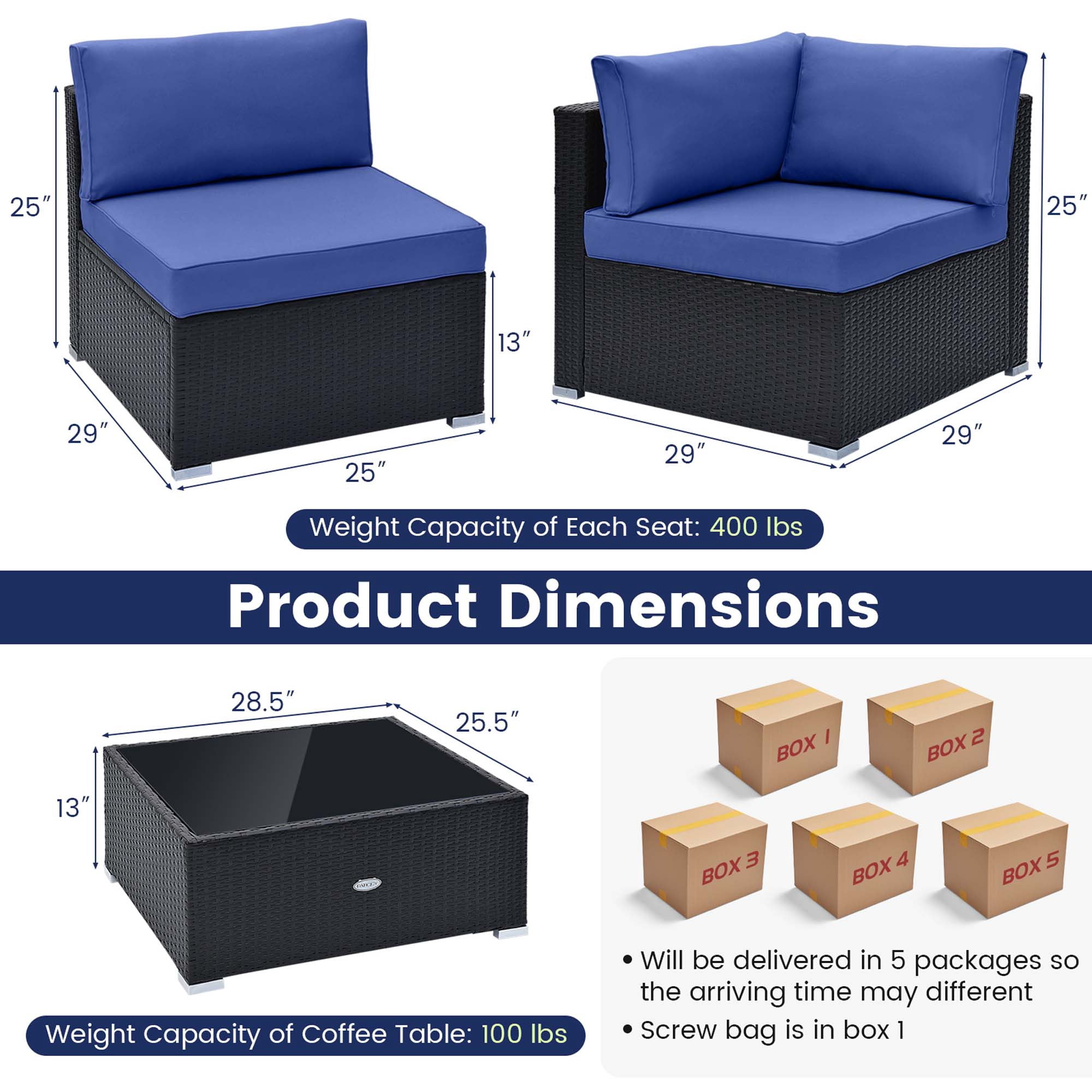 Costway 10 PCS Patio Rattan Furniture Set Outdoor Wicker Sofa Table Cushioned Seat Navy