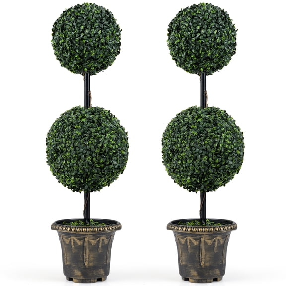 Gymax 2PCS 3 FT Artificial Boxwood Topiary Tree Sun-Protective Double Ball Shrubs