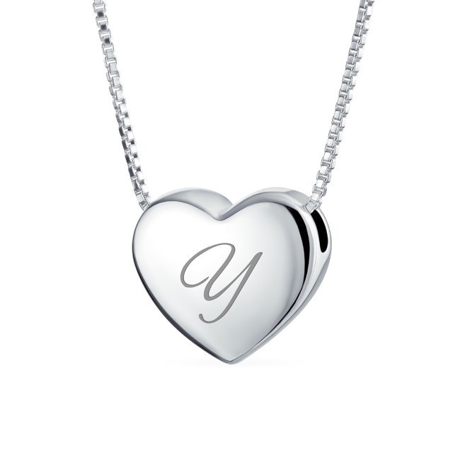 Personalized Plain Simple Engravable Script Alphabet Letter Y Initial Monogram Heart Pendant Necklace Slide Pendant for Women for Girlfriend Polished .925 Sterling Silver Custom Engraved