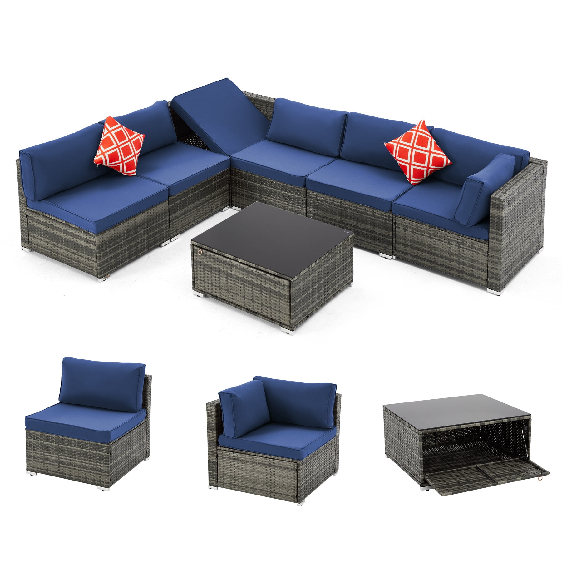 Homrest 7 Piece Patio Furniture Set with Adjustable Bracket All-Weather Wicker Conversation Set with Coffee Table for Porch Garden Backyard (Blue)