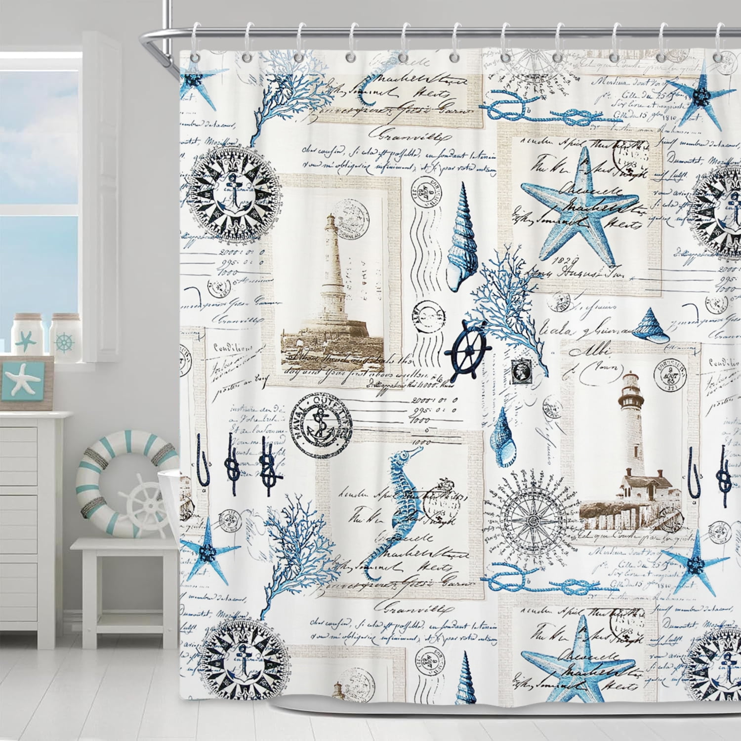 Summer Sea Theme Tall Shower Curtain,Nautical Coastal Seahorse Shower Curtains for Bathroom Decor,Long Shower Curtain 72x78 Inch