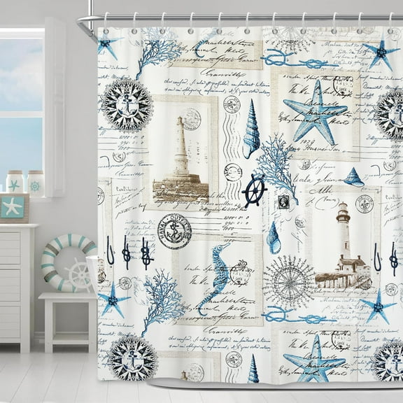 Starfish and Seashells Shower Curtain ,Nautical Coastal Ocean Seashell Fabric Bathroom Curtain,72x72 in