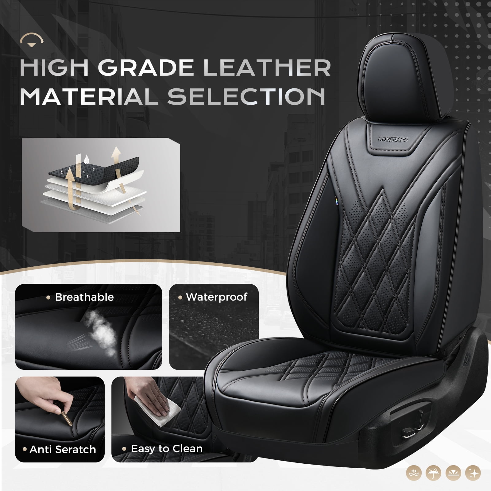 Coverado Full Set Covers For Cars, Waterproof Faux Leather Front and Rear Seat Protectors, Auto Cushions Universal Fit for Most Cars, Black