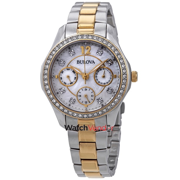 Bulova Crystal Mother of Pearl Dial Two-Tone Ladies Watch 98N114 ...