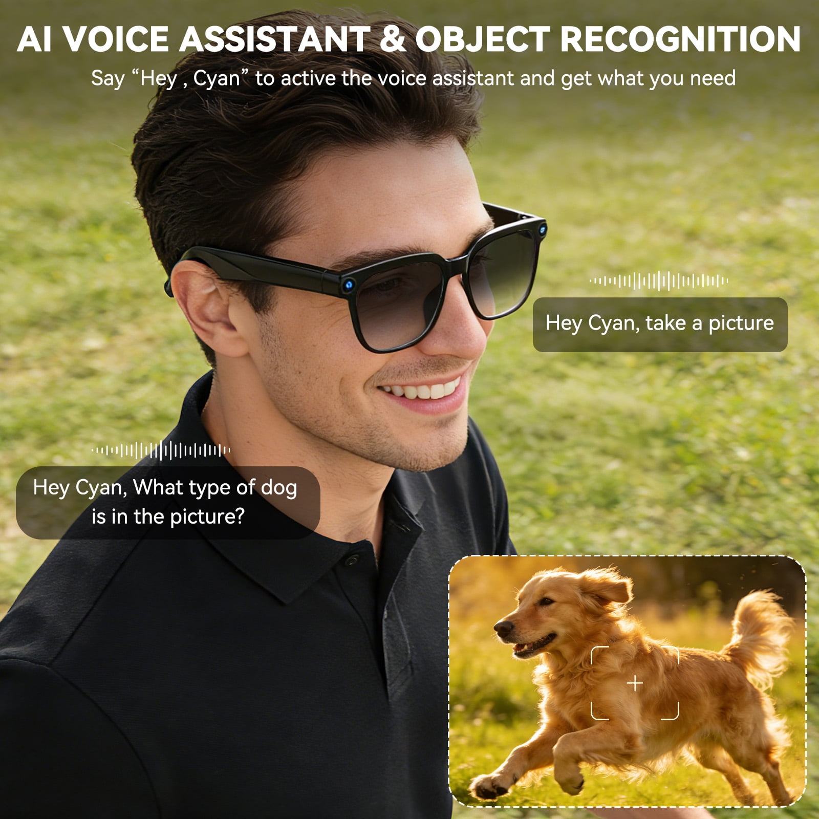 AI Smart Glasses with Camera,8MP Camera Glasses,1080P Anti-Shake Video Recording, Real Time Translation,AI Voice Assistant,Object Recognition,Bluetooth Sunglasses for Men，Women