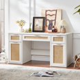 thumbnail image 4 of Joaxswe 56" Farmhouse Executive Desk with Drawers, Rattan Study Table with Adjustable Shelves, Boho Computer Desks for Bedroom, White, 4 of 7