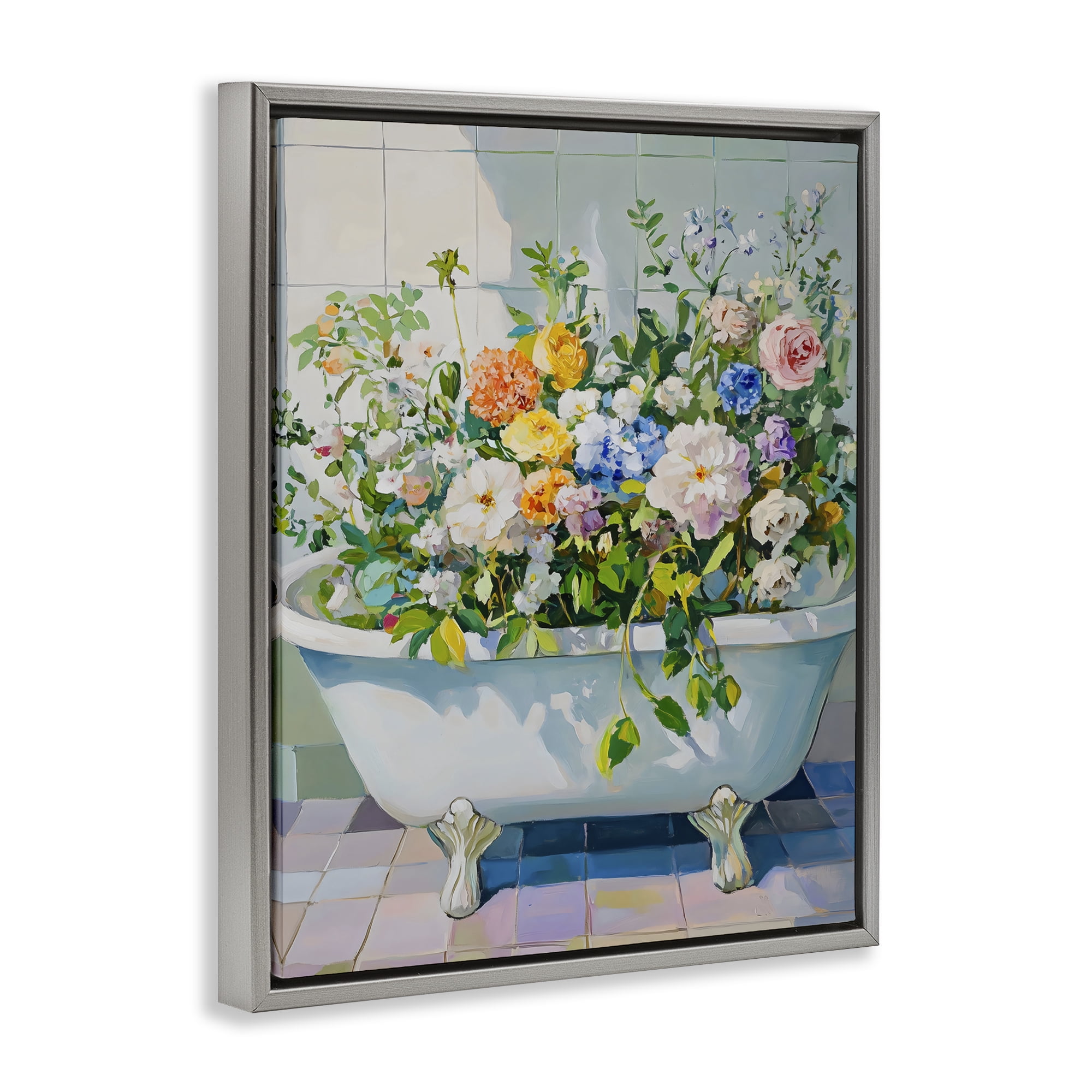 Stupell Industries Vintage Bathtub Bouquet Overgrowth Gray Framed Floater Canvas Wall Art, design by The Prints Vibe