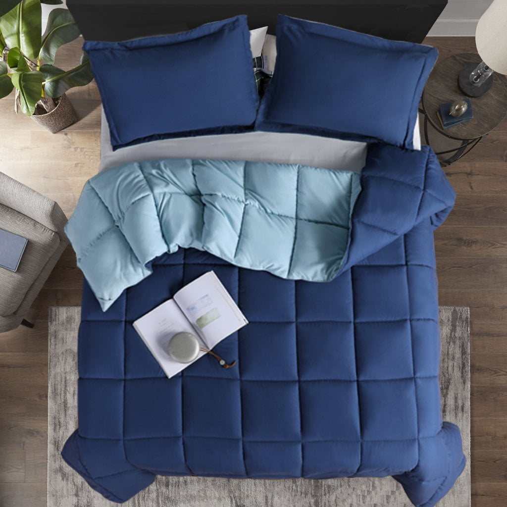 Navy Light Blue 3pcs Super Soft Reversible Down Alternative Comforter Set King 