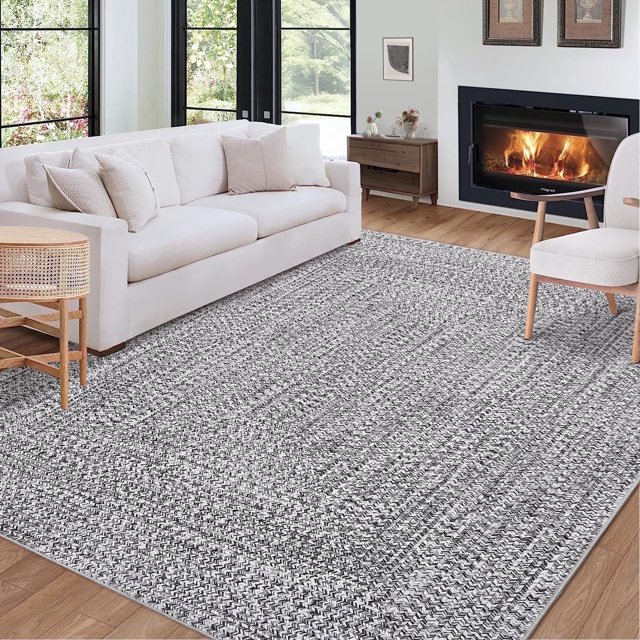 Area Rugs Braided Print Rug, Machine Washable Indoor Rug Non-Slip Low Pile Farmhouse Solid Carpet for Bedroom, Living Room, Dining Room Office