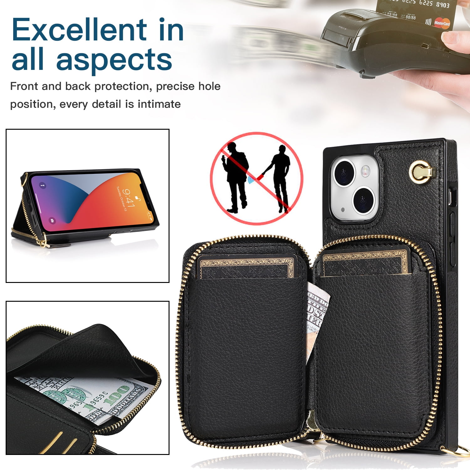 TECH CIRCLE For iPhone 7 / 8 / SE 2022 & 2020 Wallet Case,Card Holder Phone Case for Women, Zipper PU Leather Purse Kickstand Folio Flip Case with Crossbody Strap for Apple iPhone 7 8 SE 2022,Black