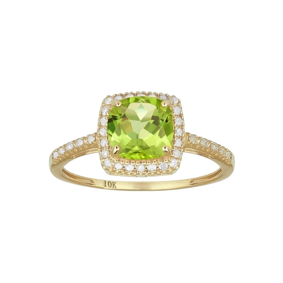 10k Yellow Gold Genuine Cushion-cut 1.80ct Peridot and Diamond Halo Ring