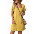 thumbnail image 3 of Ladies Solid Color Square Neck Short Sleeve Fashion Casual Pocket Dress Yellow S, 3 of 9