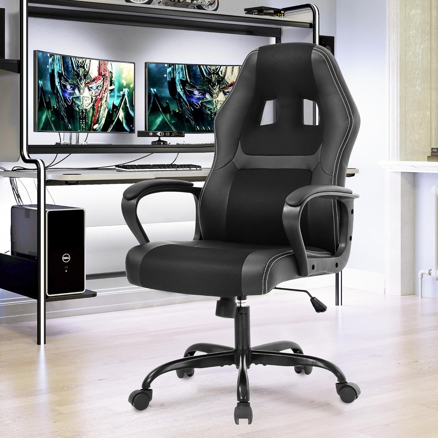 PayLessHere Black Gaming Chair - Ergonomic PU Leather w/Lumbar Support & Headrest