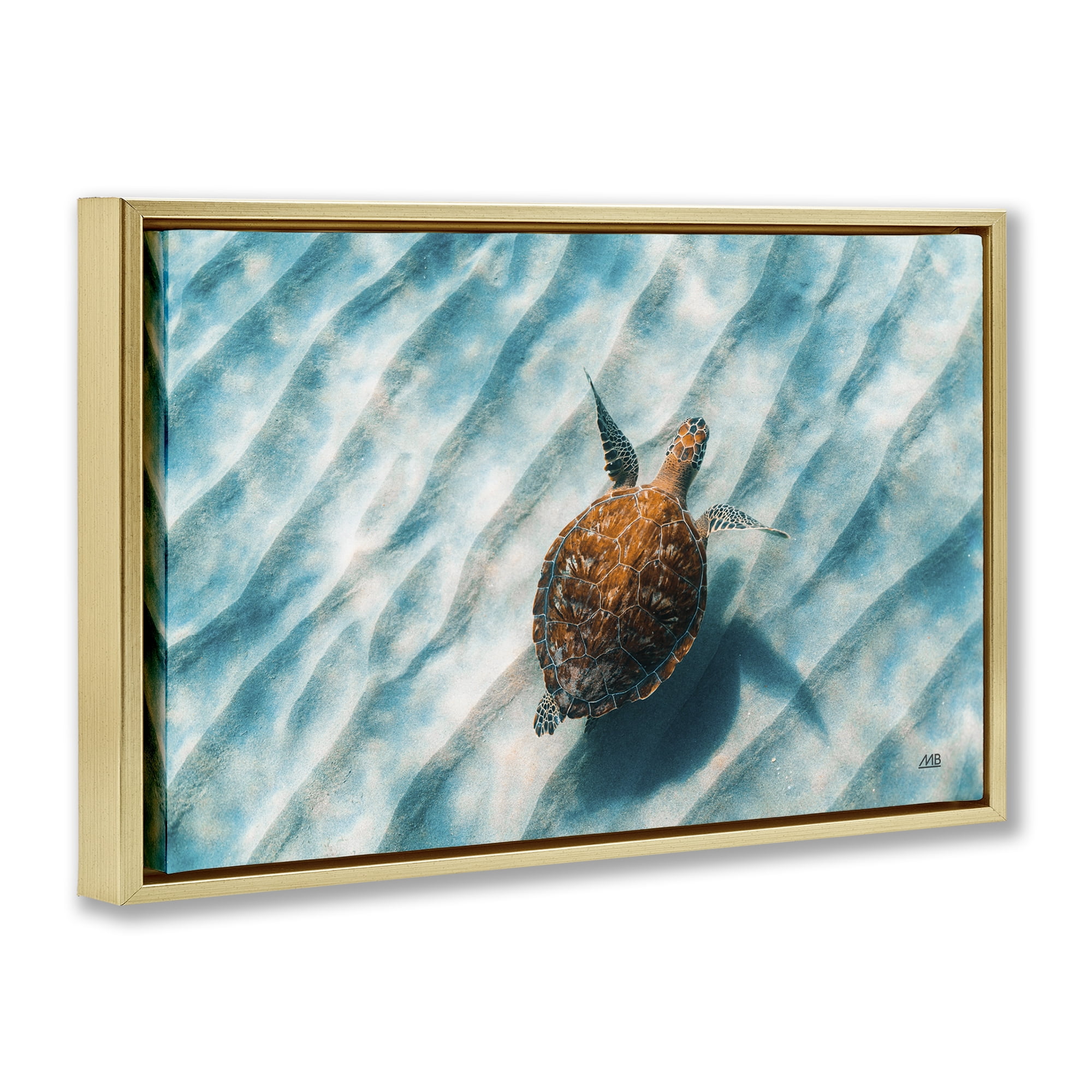 Stupell Industries Sandbar Sea Turtle Animals Photography Gold Floater Framed Canvas Art Print Wall Art, 31 x 21