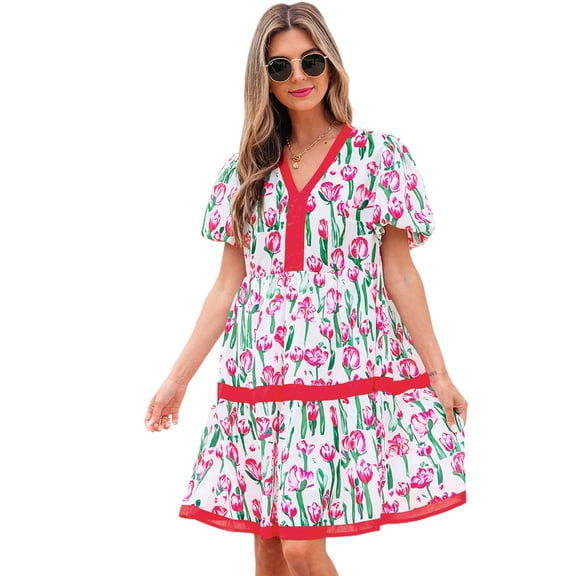 Chic Pink Floral Print V Neck Bubble Short Sleeve Babydoll Dress | [ZhiHiMeRi] | (US 12-14)L