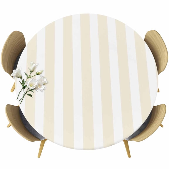 Cream Striped Fitted Tablecloth with Elastic Edged, Round Table Cloth for Dining Table, Modern Farmhouse Cream White Stripes Waterproof Oil Proof Table Cover for Indoor Outdoor 45"-54"