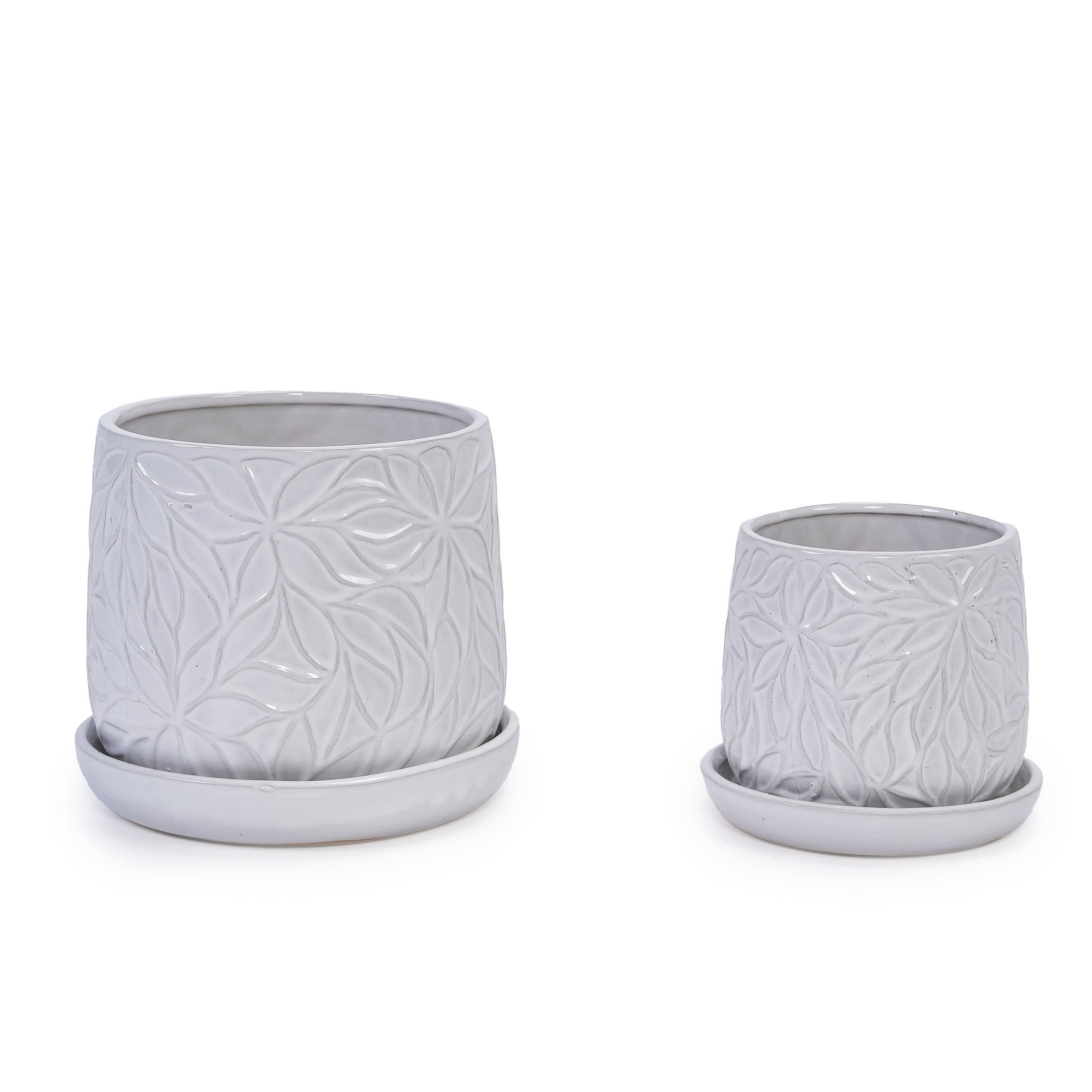 Noble House Olivia Embossed Leaf Ceramic Planter Set, Modern Flowerpots with Drainage, Set of 2, Gloss White
