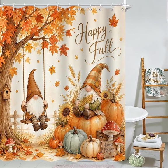Autumn Harvest Gnome Shower Curtain Maple Leaves And Pumpkins Thanksgiving Bathroom Decor 71x71 inches