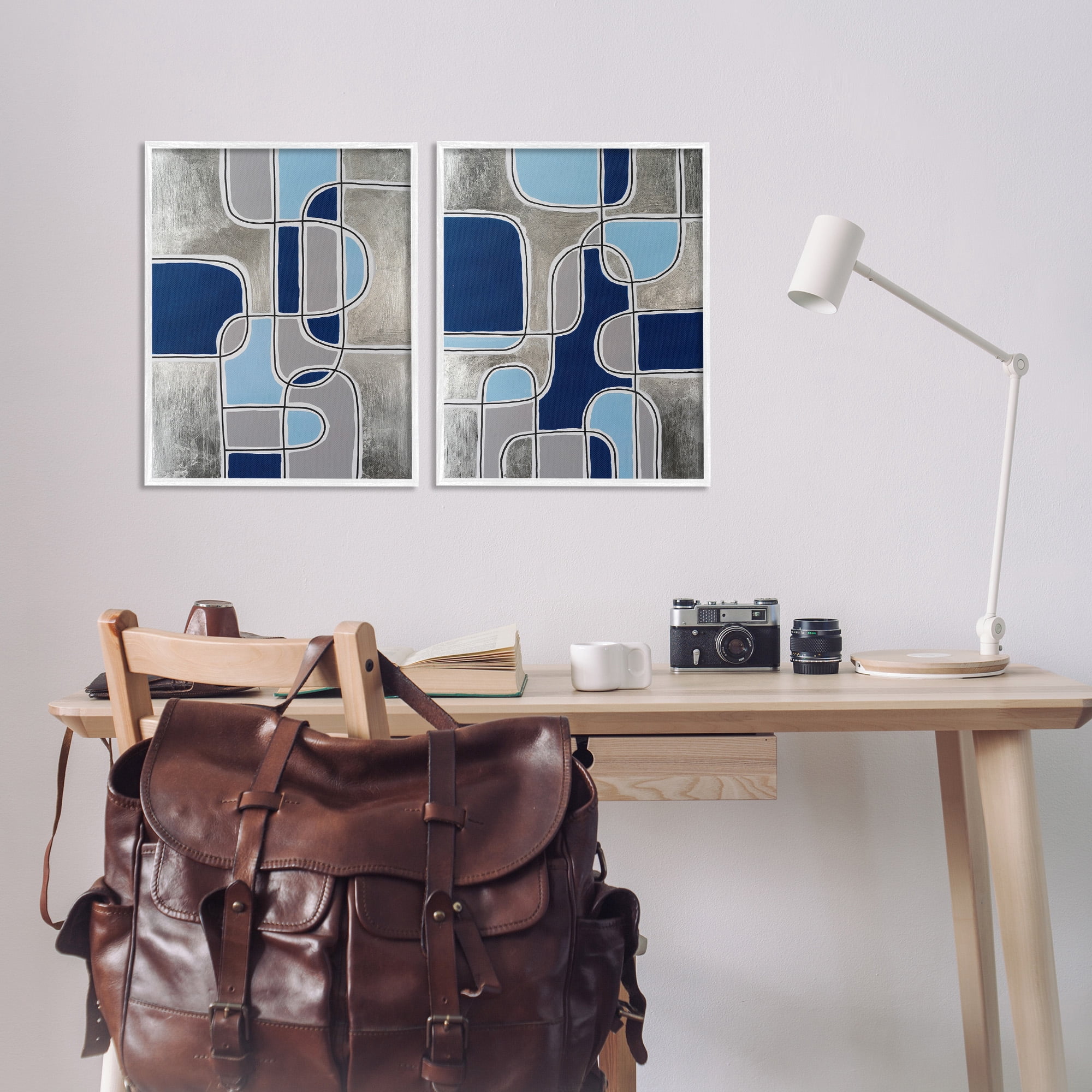 Stupell Industries Blue & Grey Geometrics Abstract Painting White Framed Art Print Wall Art, 16 x 20, Set of 2