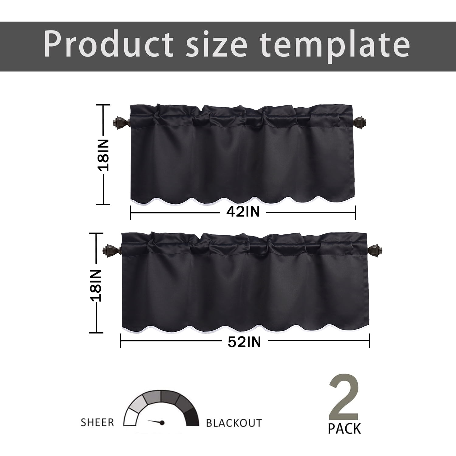 HIG 2 Panels Blackout Window Treatment Valances, 52"W x 18"L Color-Block Scalloped Valances, Decorative Rod Pocket Short Curtain Panel for Kitchen, Window, Bathroom, Black
