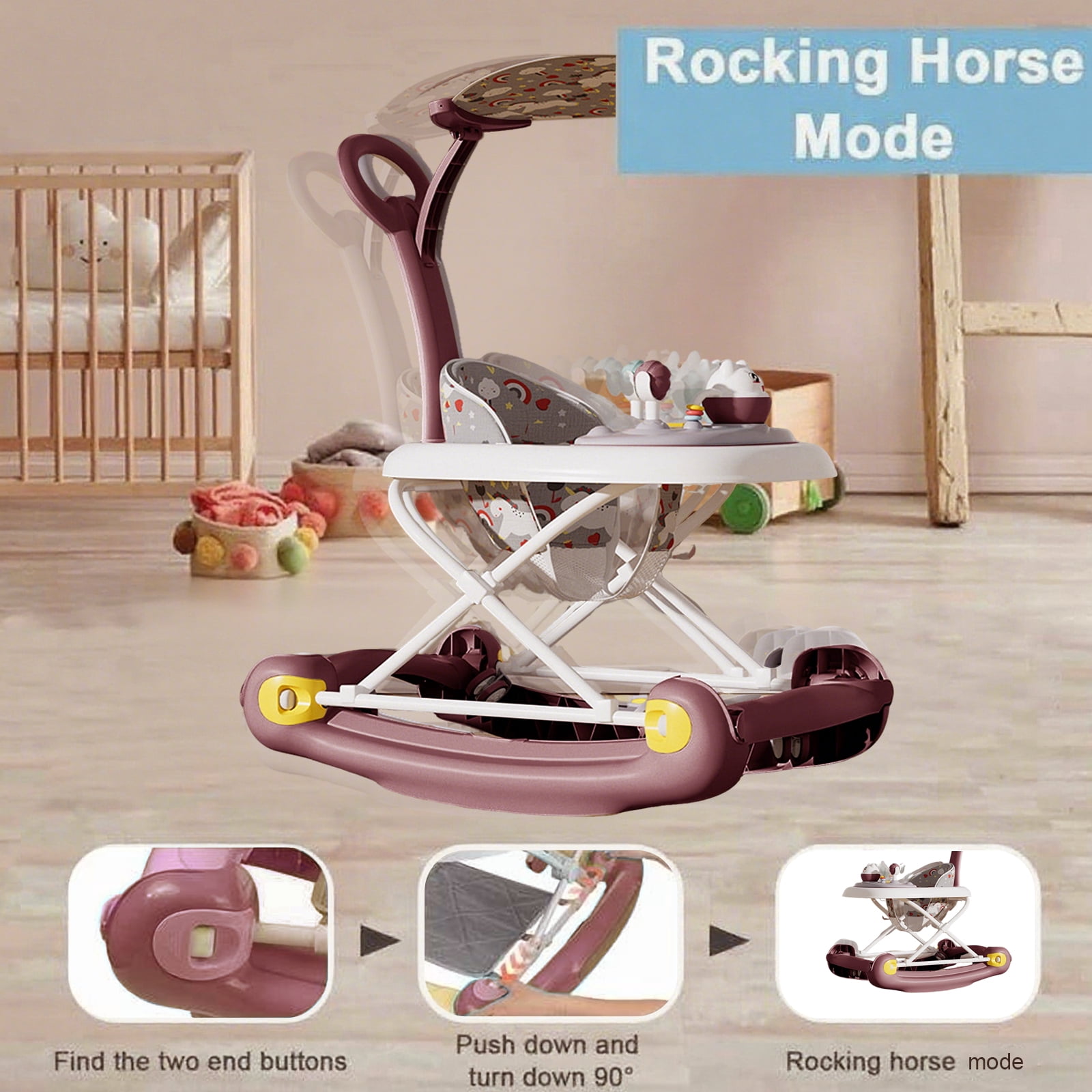 ManyFun baby Walker, 6-in-1 Multi-functional Foldable Push Walker, 6-24 Months, Red