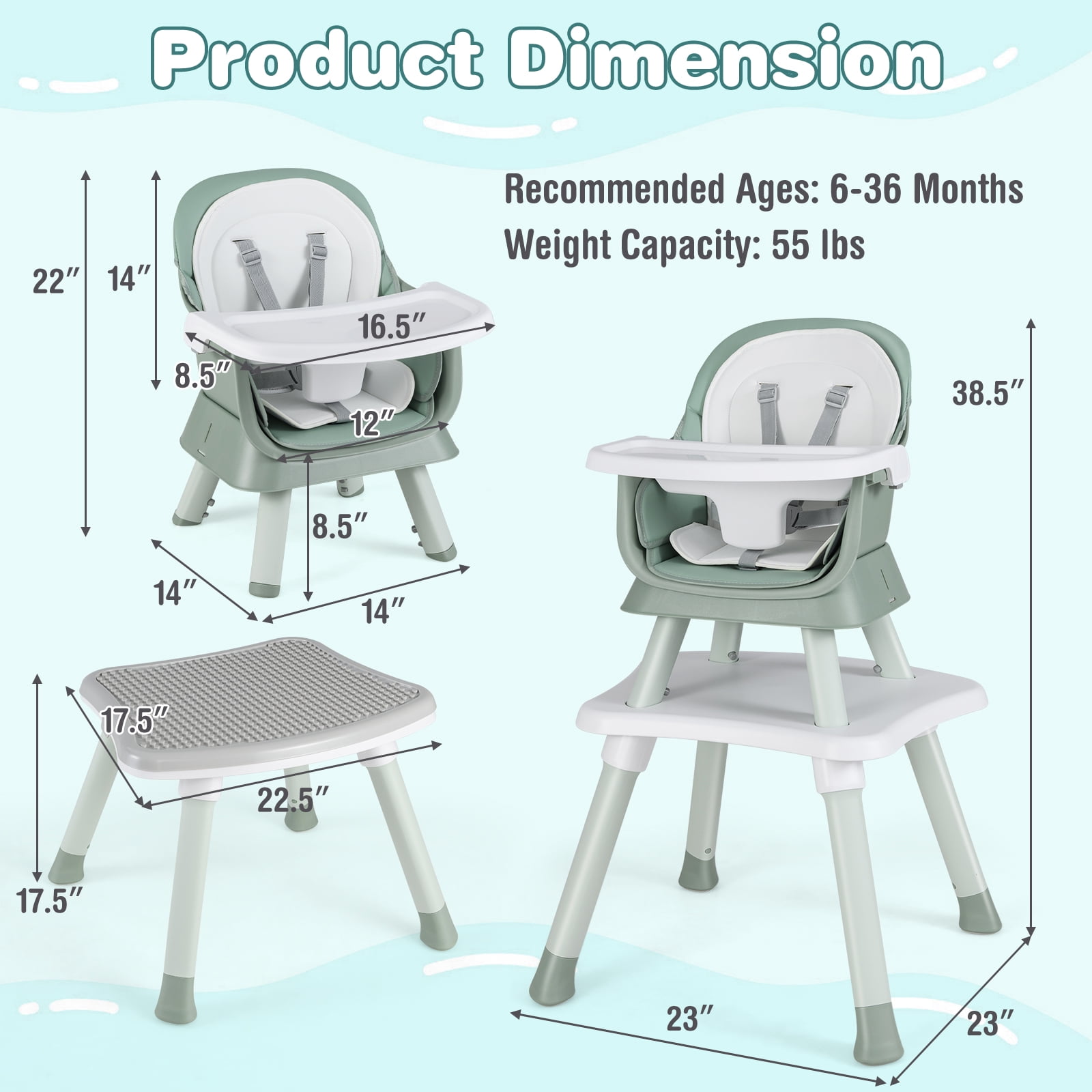 Infans 8-in-1 Baby High Chair w/ Double-layer Cushions Multifunctional Toddler Black