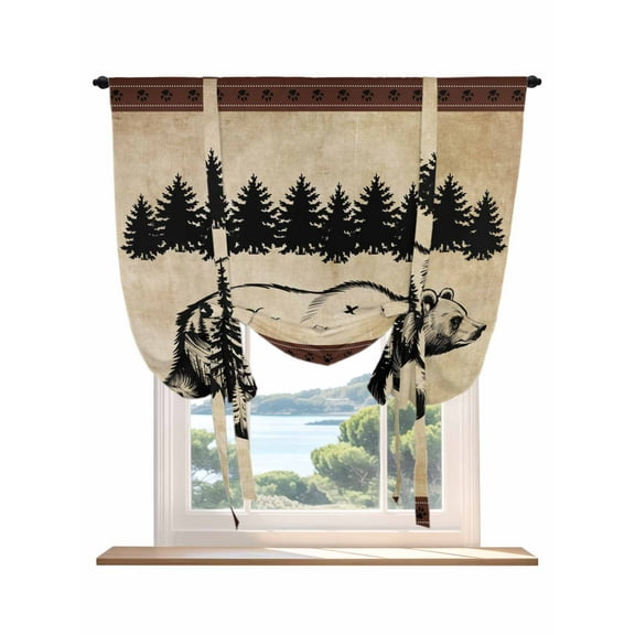 Brown Black Bear Tie Up Curtains for Windows 45 Inch Length Balloon Curtains Kitchen Adjustable Balloon Window Shade Farmhouse Cabin Forest Vintage Tie Up Valance Bathroom Curtain Window 42"x45"