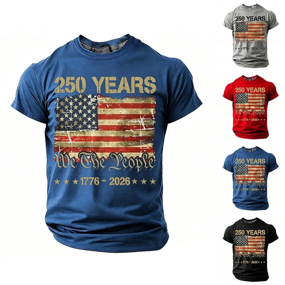 XINPING USA 250th Anniversary Merchandise Men’s 250 Years Patriotic T-Shirt, Crew Neck Short Sleeve Casual Tee, Independence Day Print 4Th of July American Flag Patriotic Shirts