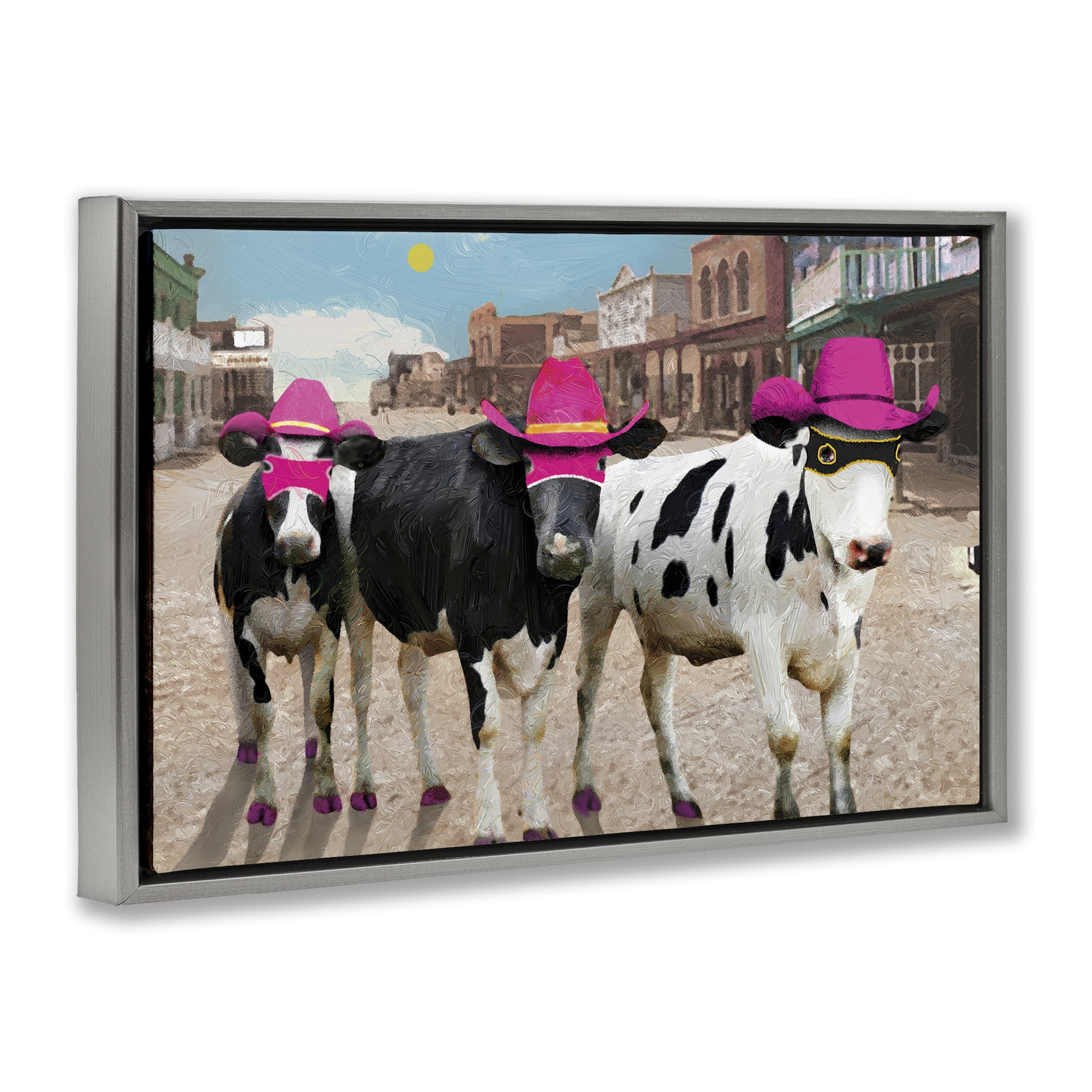 Stupell Industries Superhero Cows in Town Scenery Painting Gray Floater Framed Canvas Art Print Wall Art, 31 x 21