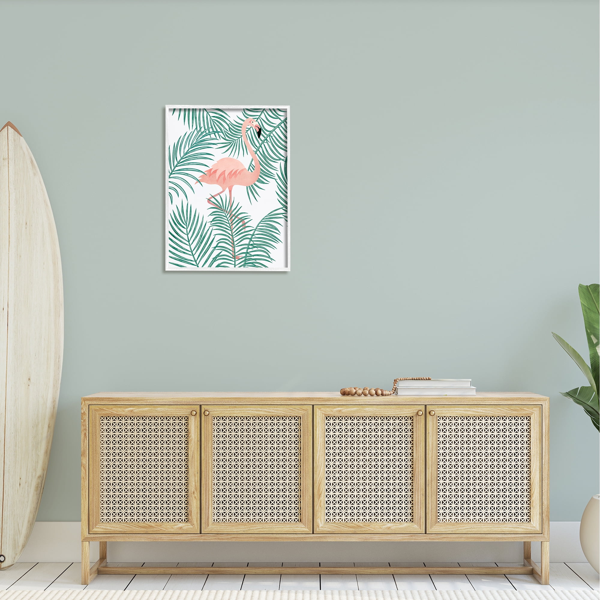 Stupell Flamingo Perched Tropical Palm Leaves Landscape Painting White Framed Art Print Wall Art