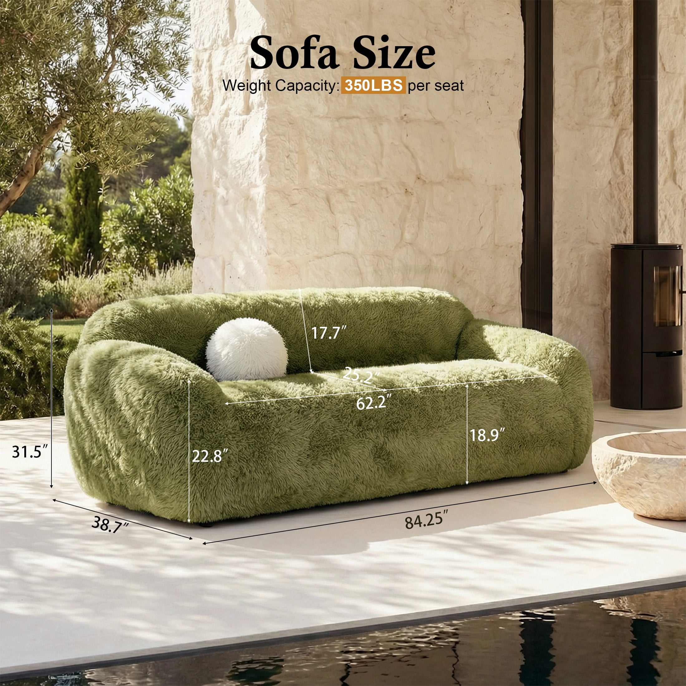 Aukfa 84" Comtemporary Plush Faux Fur Sofa, Pet-Friendly Couch for Living Room, 25" Deep Seat, Green