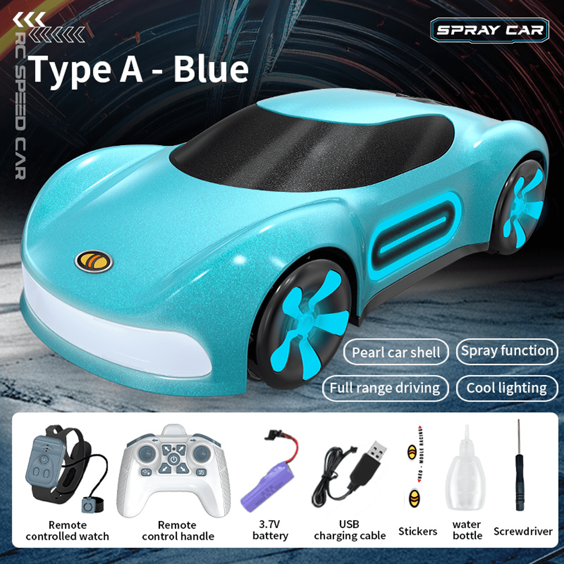 Q206 New Energy Concept RC Car, Smart Spray Light Sports Car Toy with 3.7V 1200mAh Battery, 2.4G Remote Control , Music & LED Effects – For Adults