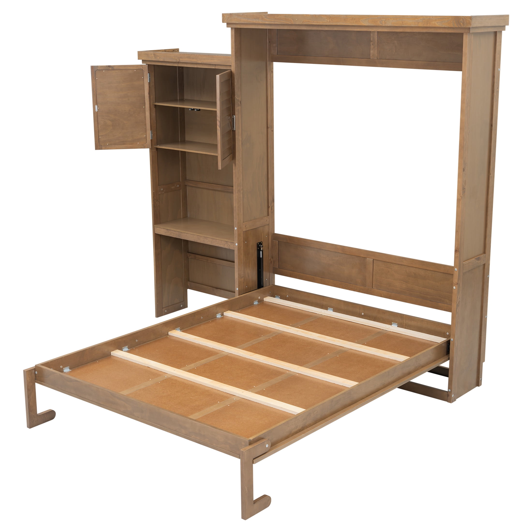 Noble House Rowena Queen Murphy Bed with Storage Shelves and Louvered Door Design, Wall Bed Cabinet, Wood