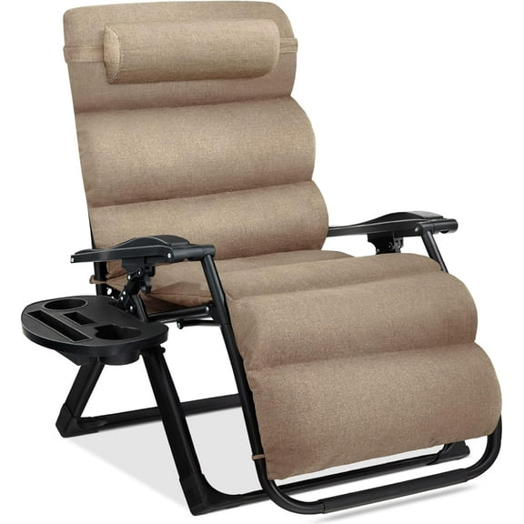 XgoodX Oversized Zero Gravity Chair, Folding Outdoor Patio Recliner, XL Anti Gravity Lounger w/Removable Cushion, Cup Holder, Side Tray, 350lb Capacity - Wheat