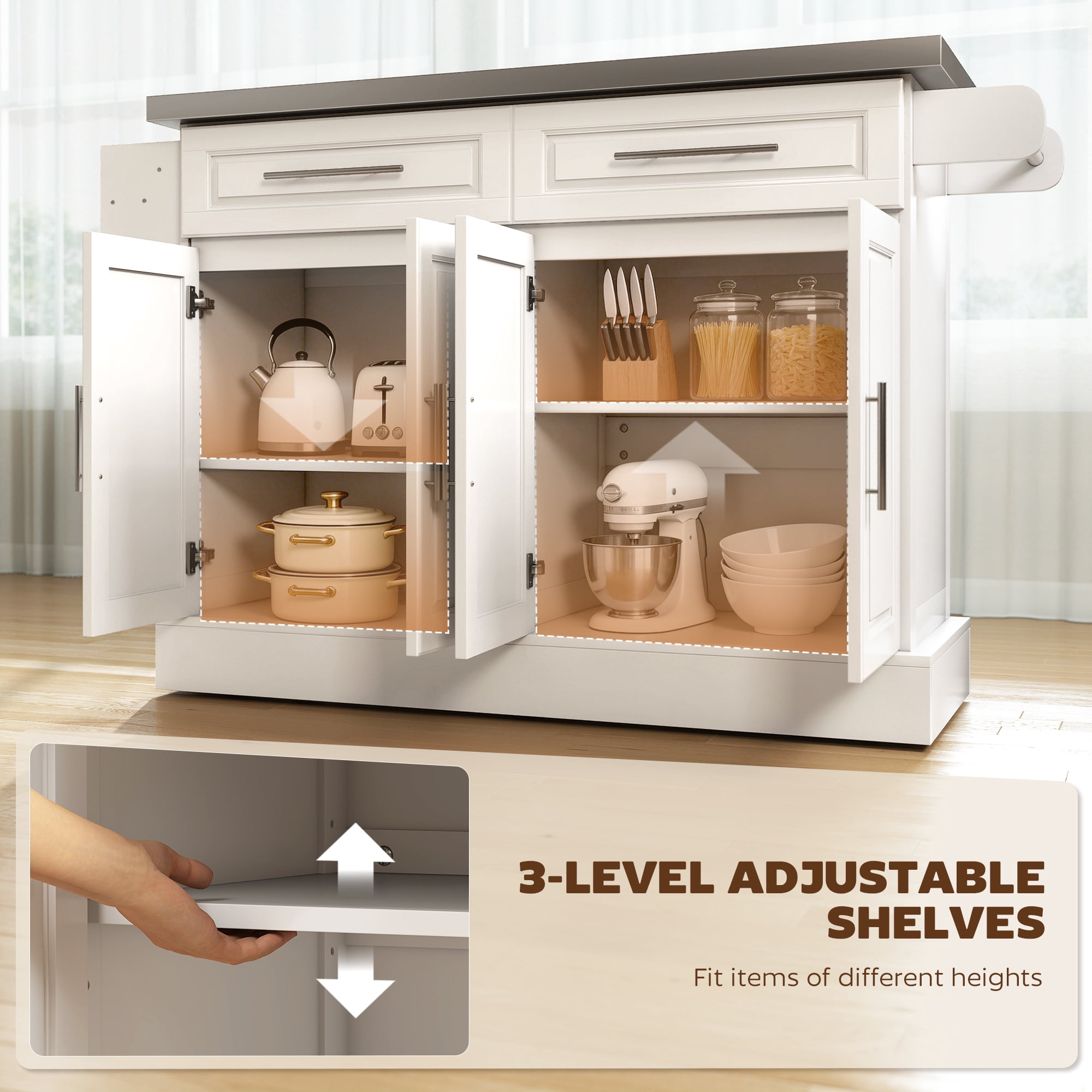 HOMCOM Rolling Kitchen Island Cart with Cabinets and Drawers, White