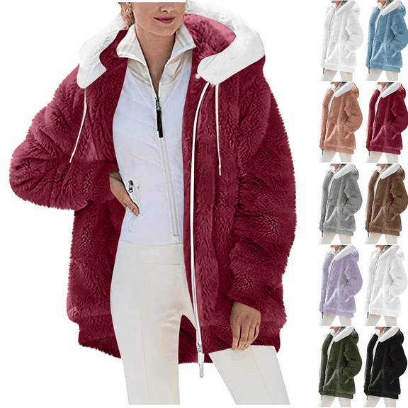 Women's Winter Casual Jackets Casual Solid Color Zipper Pocket Hooded Ear Loose Long Sleeved Hooded Outerwear Coats with Pockets Wine S-2XL