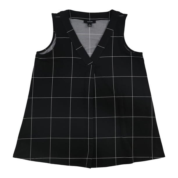 Alfani Blusa sin mangas con cuadrados para mujer, negro, XS