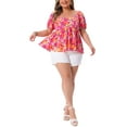 thumbnail image 2 of Agnes Orinda Women's Plus Size Floral Tops Sweatheart Neck Short Sleeve Ruffle Hem Back Smocked Casual Summer Babydoll Blouses 4X Orange Pink, 2 of 6