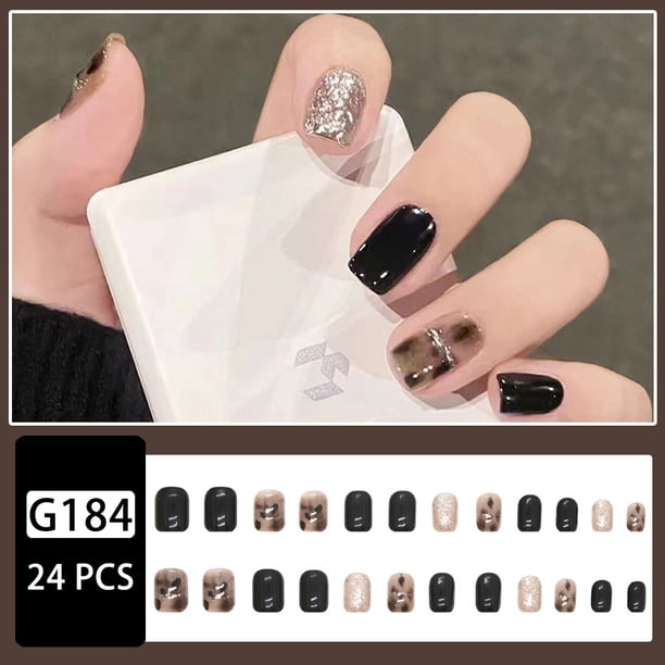 YKHMYB 24 Piezas Por Caja De Uñas Postizas Floreciente Negro Dulce Arte Fresco Plata Purpurina De Gama Alta Uso Para Enviar Archivos Gao Jiahui unisex