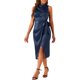 thumbnail image 4 of Vestido sin mangas de satén Inspire Chic para mujer, con cuello alto, lazo y cintura fruncida, color azul oscuro, talla XS, 4 of 5