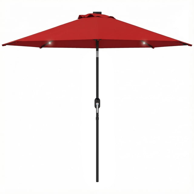 9ft Solar LED Patio Umbrella, Wine Red Sunshade with 24 Lights, Tilt Function & Crank Handle, Rust-Resistant Steel & Polyester Canopy for Backyard, Garden, Pool and Balcony