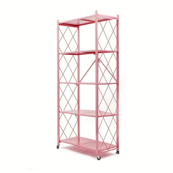 5-Tier Heavy-Duty Foldable Storage Shelf with Lockable Wheels, 800LB Capacity Metal Shelving Unit in Pink & Black for Kitchen, Bedroom & Balcony Organization
