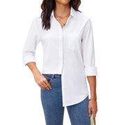 Siliteelon Womens Slub Cotton Button Down Blouses Business Work Office Shirts Long Sleeve Collared Wrinkle Free Tops