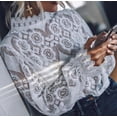 thumbnail image 3 of Womens Fashion Lace Hollow Slim Blouses Long Sleeve White Shirt Tops Stylish White S, 3 of 6