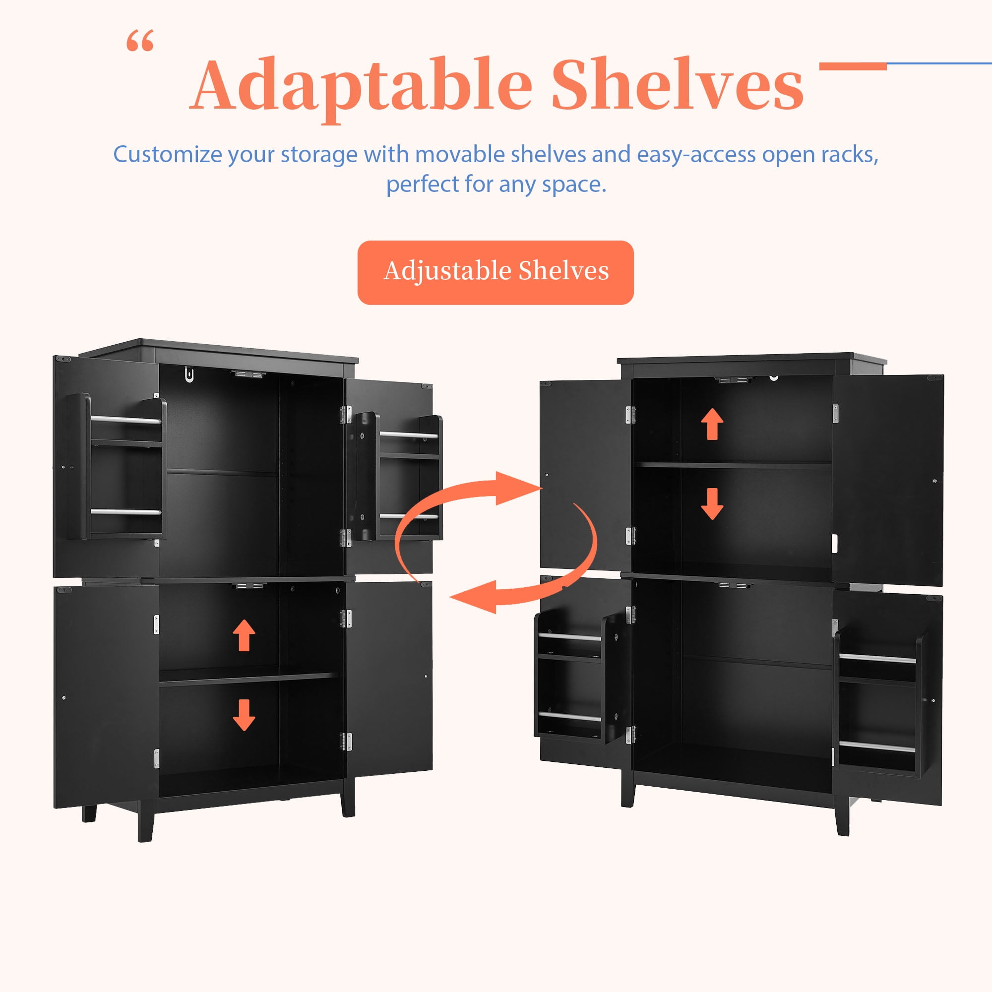 EUROCO Bathroom Floor Storage Cabinet,Bathroom Storage Unit,Freestanding Cabinet with 4 Doors,Adjustable Shelves,Adaptable Shelves,11.8 x 23.6 x 43.3 Inches,Black