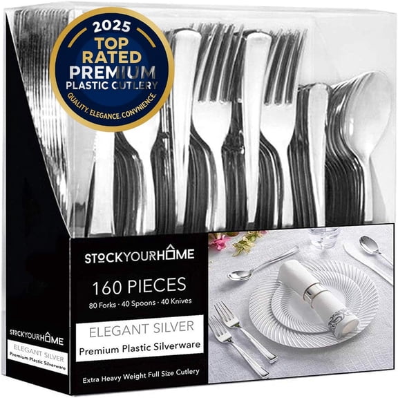 160 Pack Silver Plastic Cutlery Disposable Silverware - 80 Forks, 40 Knives, 40 Spoons - For Catering, Parties, Dinners, Weddings, and Everyday Use